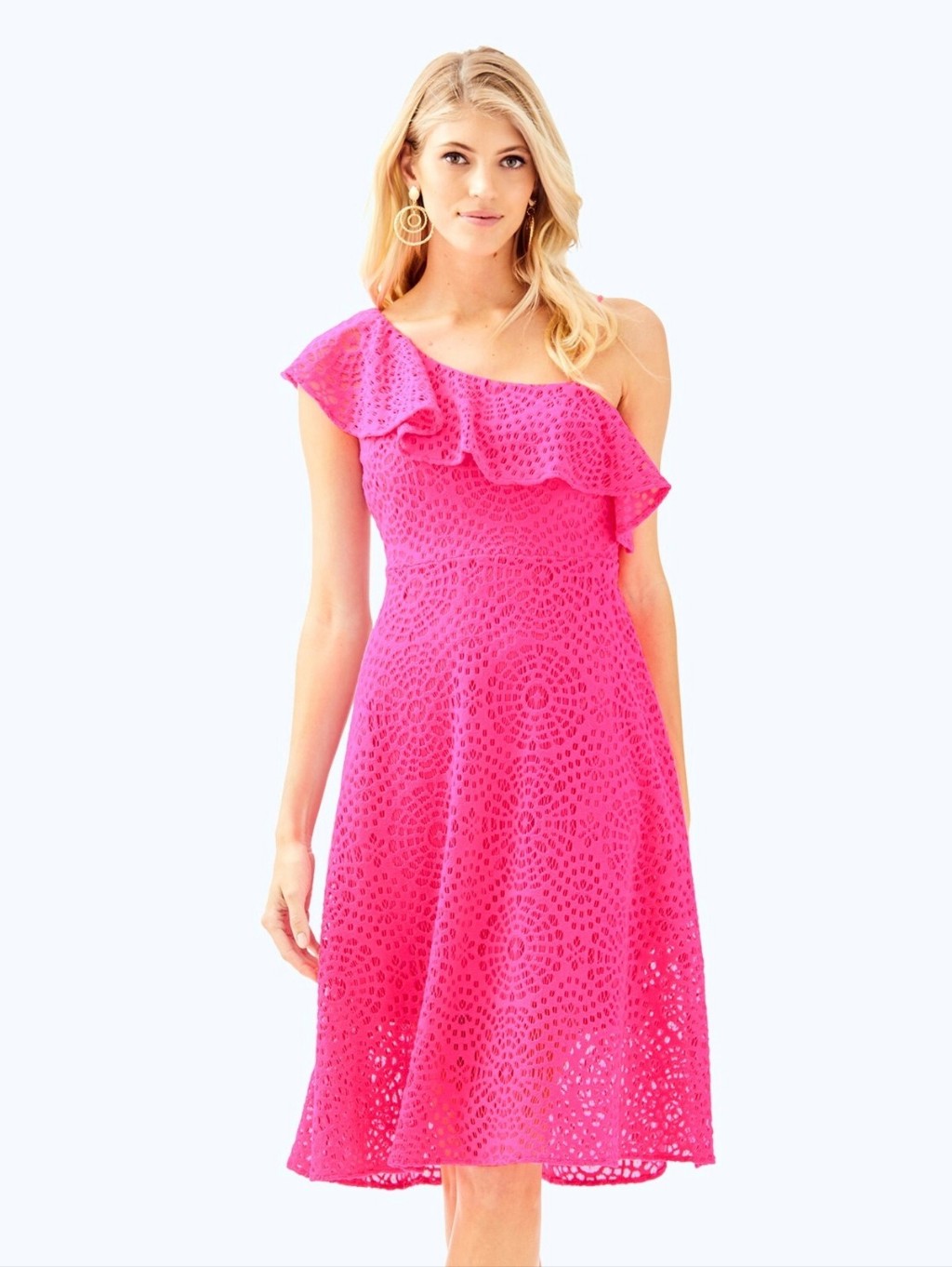 Lilly Pulitzer Callisto One Shoulder Midi Dress Pink Cosmo Sea Urchin Lace Sz 4